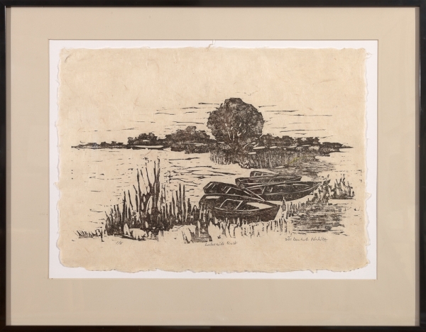 framed woodcut print "Lakeside Rest" by Ilse Buchert Nesbitt