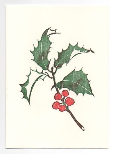 Holly greeting card, woodcut by Ilse Buchert Nesbitt