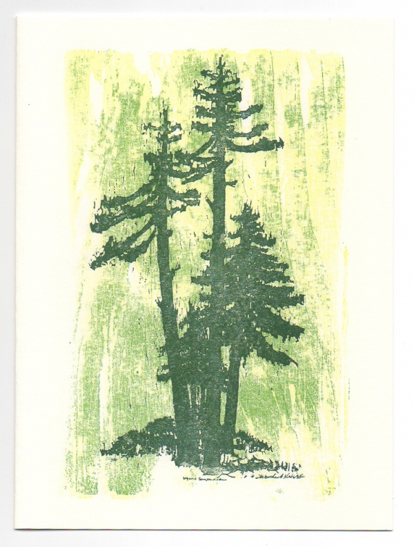 Sequoia holiday card, woodcut by Ilse Buchert Nesbitt