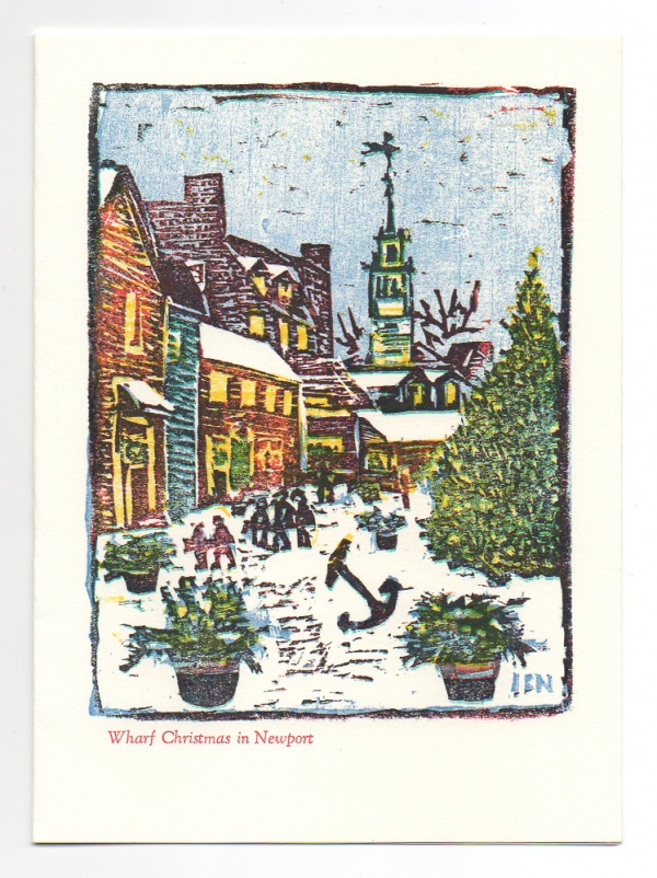 Wharf Christmas greeting card, woodcut by Ilse Buchert Nesbitt