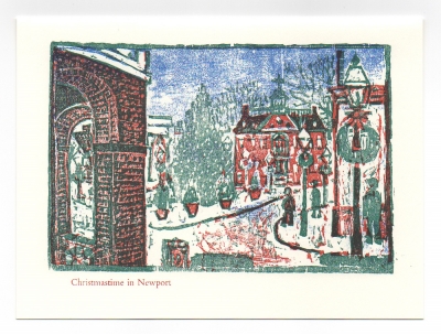 Winter Day in Newport, Washington Square greeting card. Woodcut by Ilse Buchert Nesbitt.