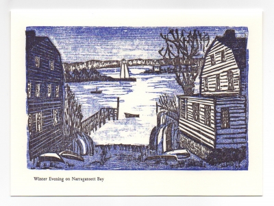 Winter Evening Over Bay Greeting Card, woodcut by Ilse Buchert Nesbitt