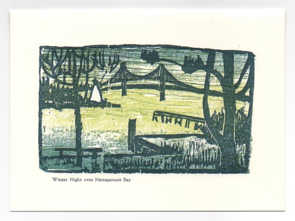 Winter Night over Bay Greeting Card, woodcut by Ilse Buchert Nesbitt