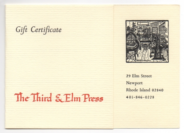 Handmade paper gift certificate from the Third and Elm Press